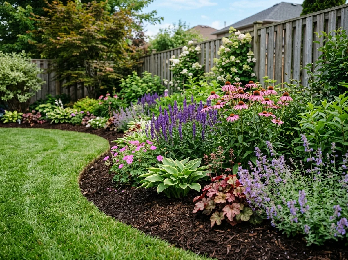 Close-up of a completed perennial garden bed installation