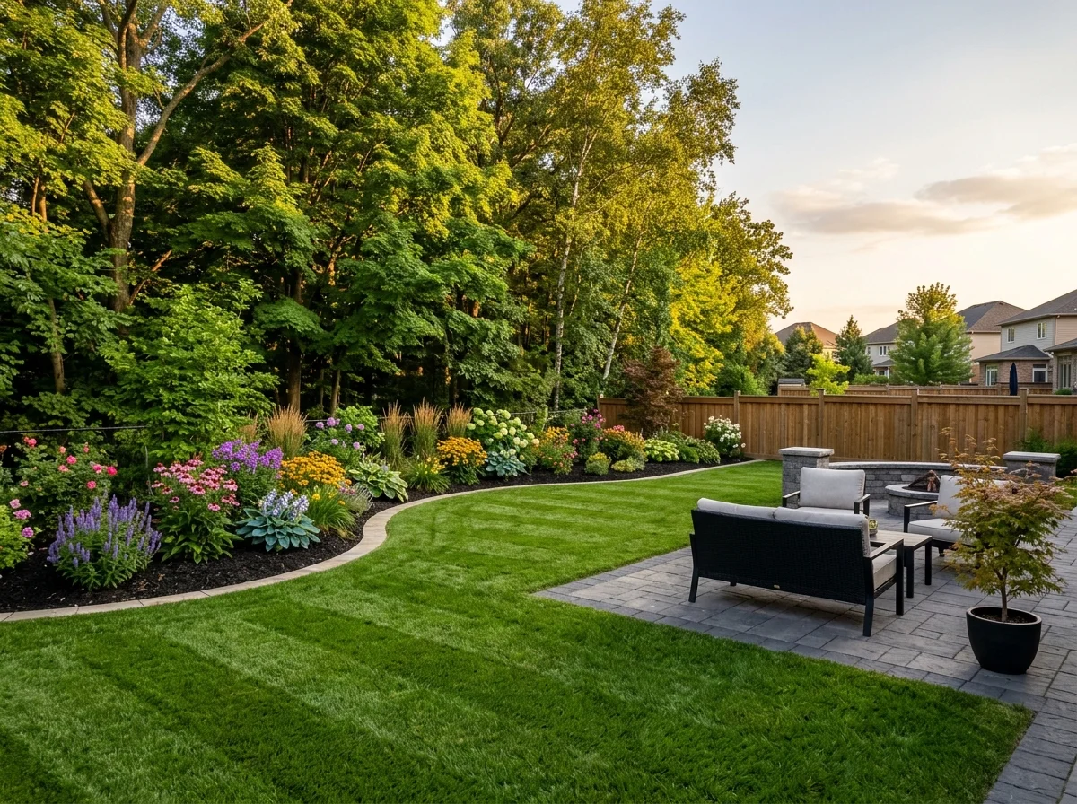 Freshly landscaped backyard with manicured lawn and garden beds