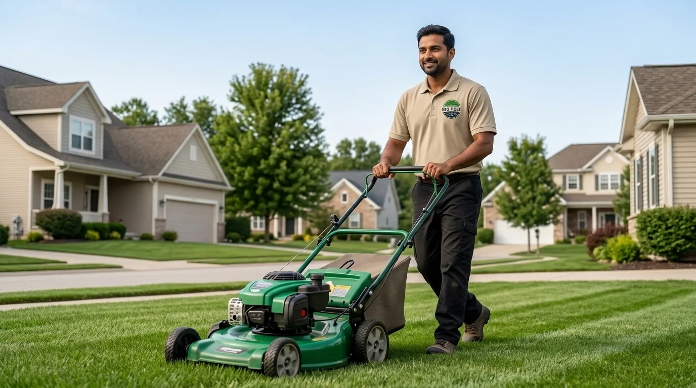 Big Peel crew member mowing a front lawn